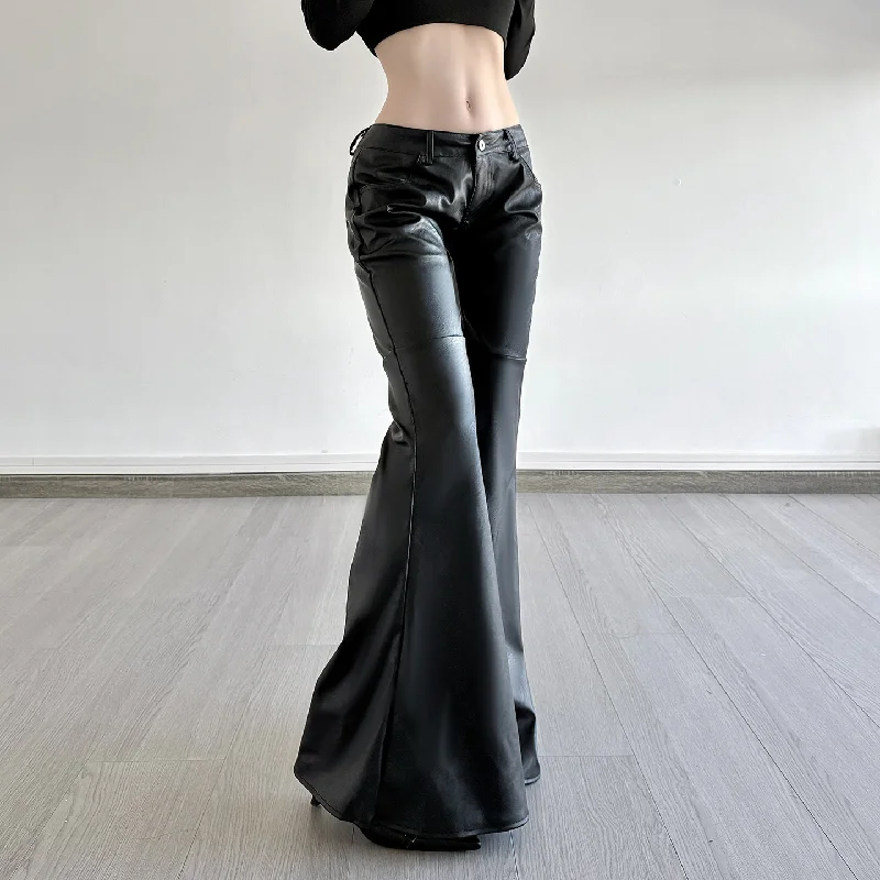 Dark Style Spicy Girl Personality Low Waist Leather Pants 2025 Autumn And Winter New Pu Leather Trumpet Pants