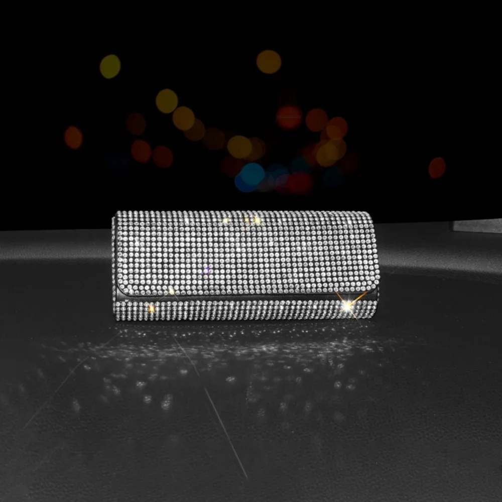 Car Diamond Sunglasses Case Bling Rhinestone Glasses Storage Box Seat Clip Hard Shell Protector - view 3