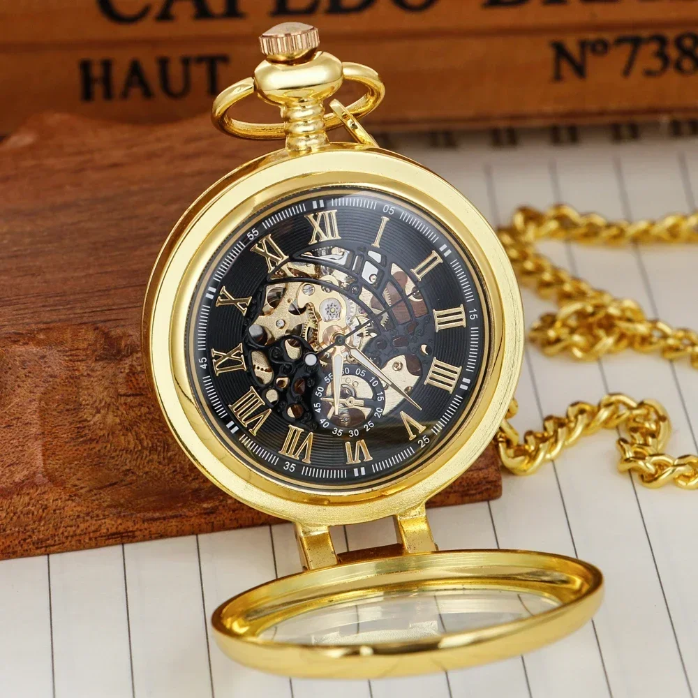 Luxury Gold Personality Mechanical Hand Wind Pocket Watch with Chain Steampunk Vintage Roman Numerals Pocket Fob Watch PJX1748