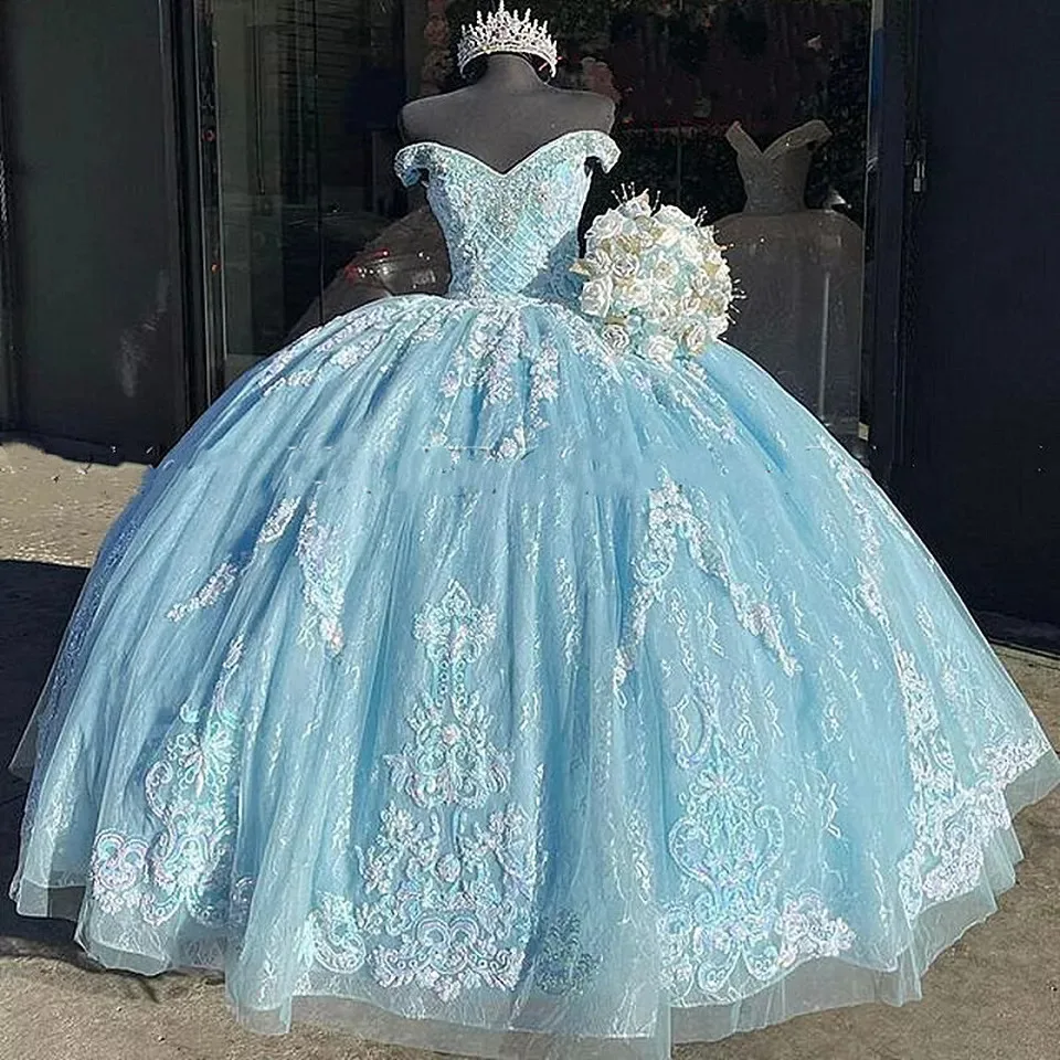 

Lorencia Blue 3D Butterfly Off Shoulder Corset Quinceanera Ball Gown Bow Applique Lace Sweet 16 Vestidos De 15 Anos Graduations