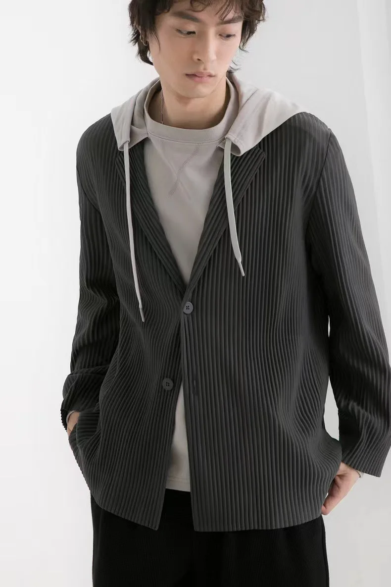 Miyake Pleated Blazer Black Suits For Men High Quality Casual Japanese Style Blazers Stretch Fabric Slim Fit Coat image 3