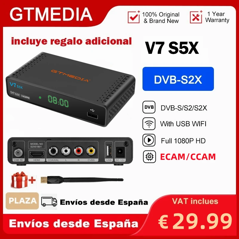 GTMEDIA V7 S5X Satellite Receiver 1080P FHD Support ECAM,DVB-S/S2/S2X,H.265(8bit),AVS+,CCM,ACM,VCM,Multi-stream/T2-MI With Wifi