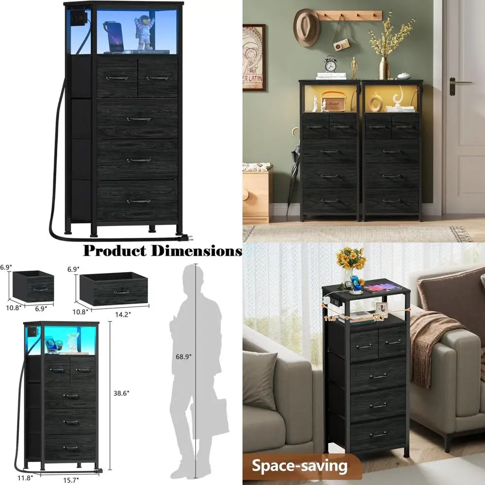 

Комод для спальни, высокий прикроватный столик, вертикальный комод с деревянной столешницей, зарядная станция, светодиодная подсветка, тканевые контейнеры для хранения, прикроватный столик