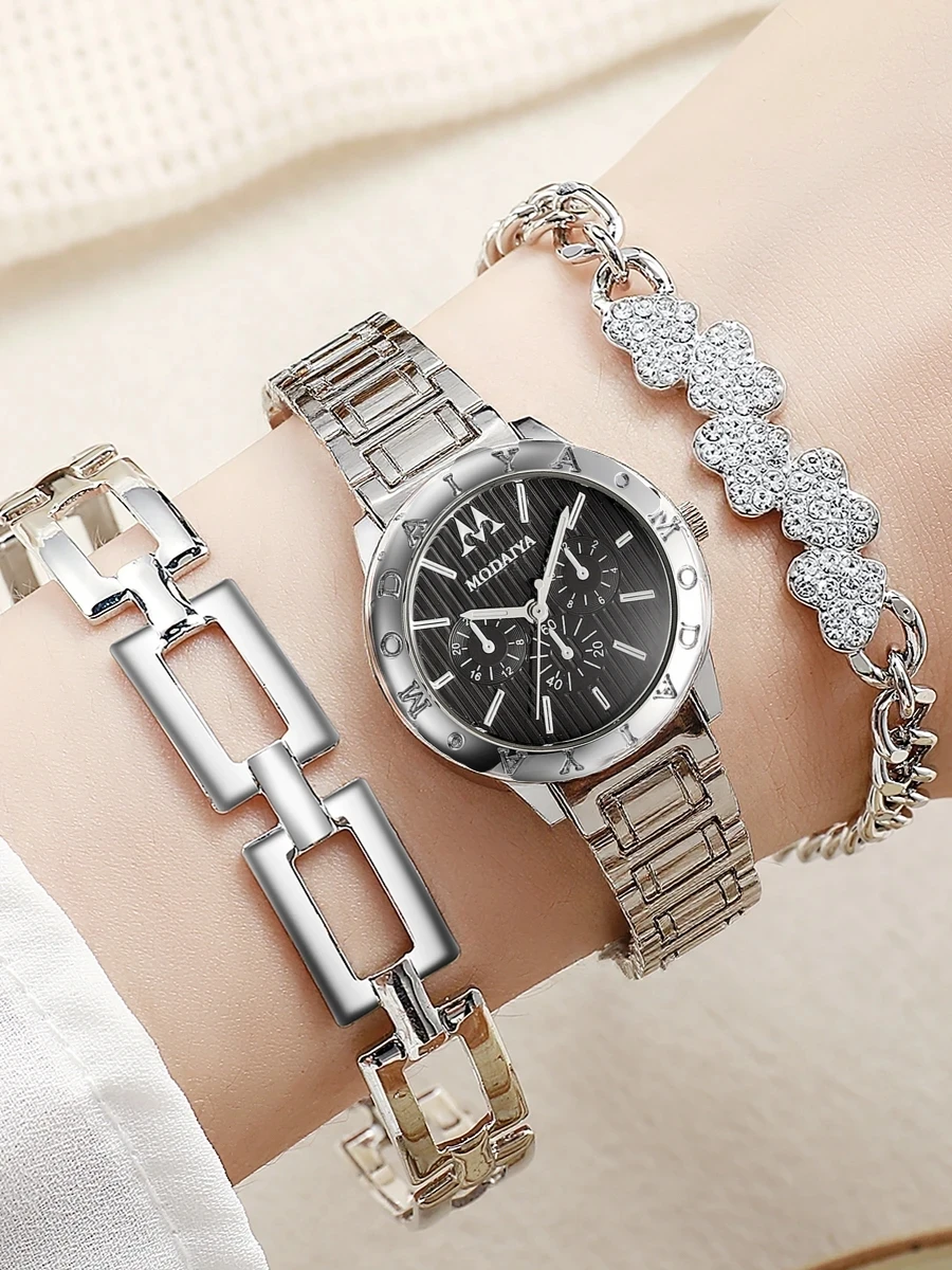 

Модный легкий роскошный универсальный стальной ремешок с круглым циферблатом, женские кварцевые часы, браслет, набор из 3 предметов, подходит для Дня Благодарения и