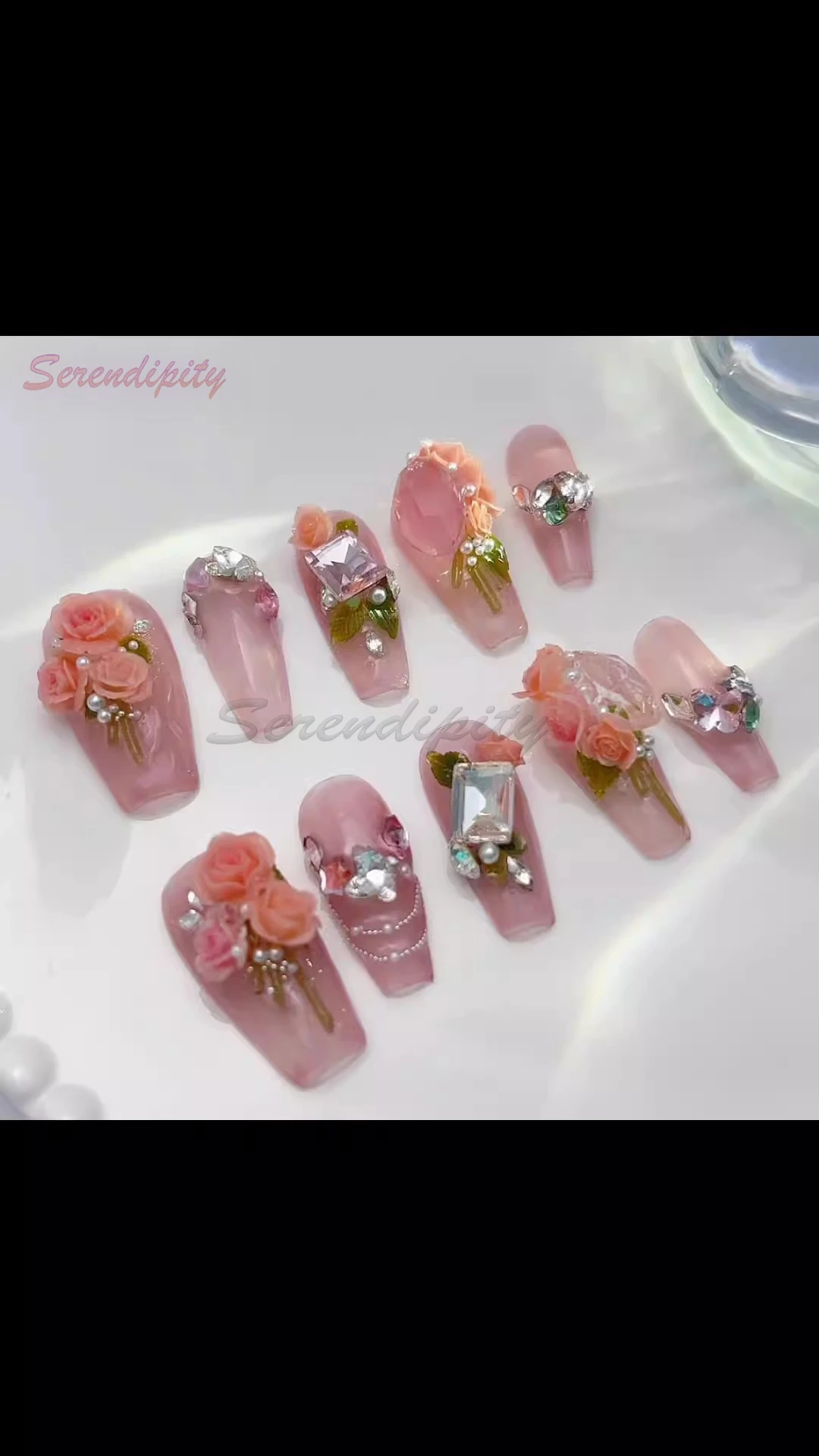 10 Uds. De uñas postizas de Color sólido, ramo estereoscópico rosa puro hecho a mano, arte de uñas falso, diamantes de imitación grandes, desgaste extraíble