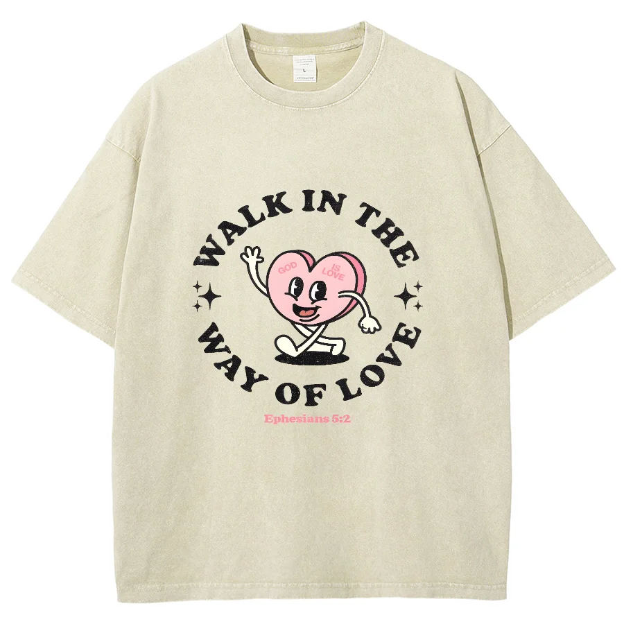 Walk In The Way Of Love Y2K Washed Short Sleeve T-Shirt, Creative Printed Unisex Oversized Vintage Streetwear Fashion Plus-Size