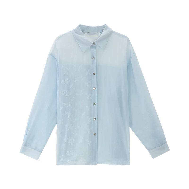 ALXNAN Blaues Hemd, Sonnenschutz, Polokragen, lockere Passform, Langarmhemden, 2025, Sommerurlaub, Strand, lässige Damenoberteile, L56306