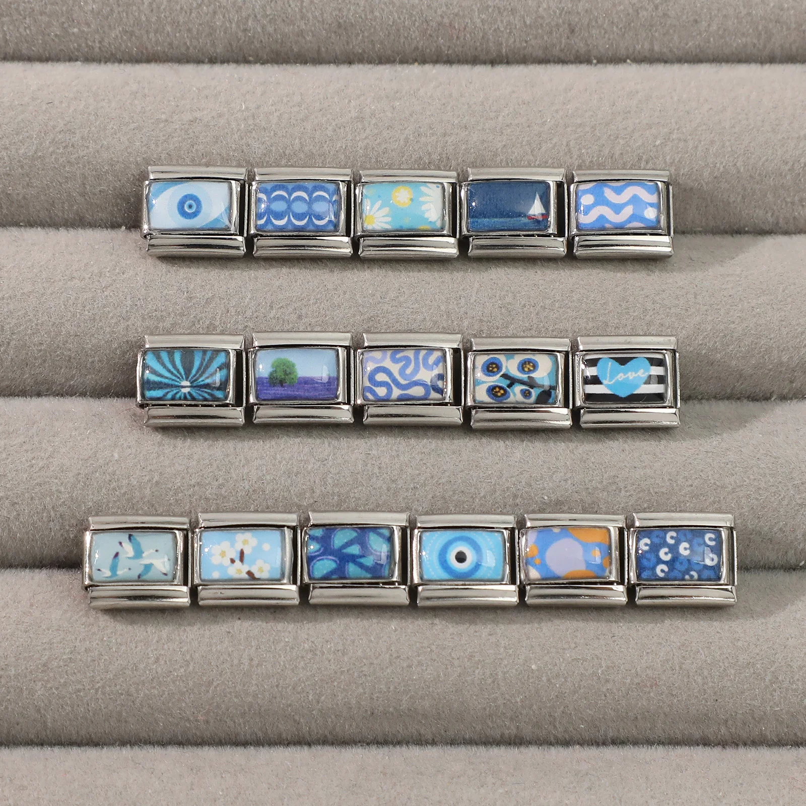 Vintage Personalized DIY Italian Blue Charm Bracelet Flower Eye Sunset Shell Heart Bead Fit 9mm Bracelet Stainless Steel Jewelry