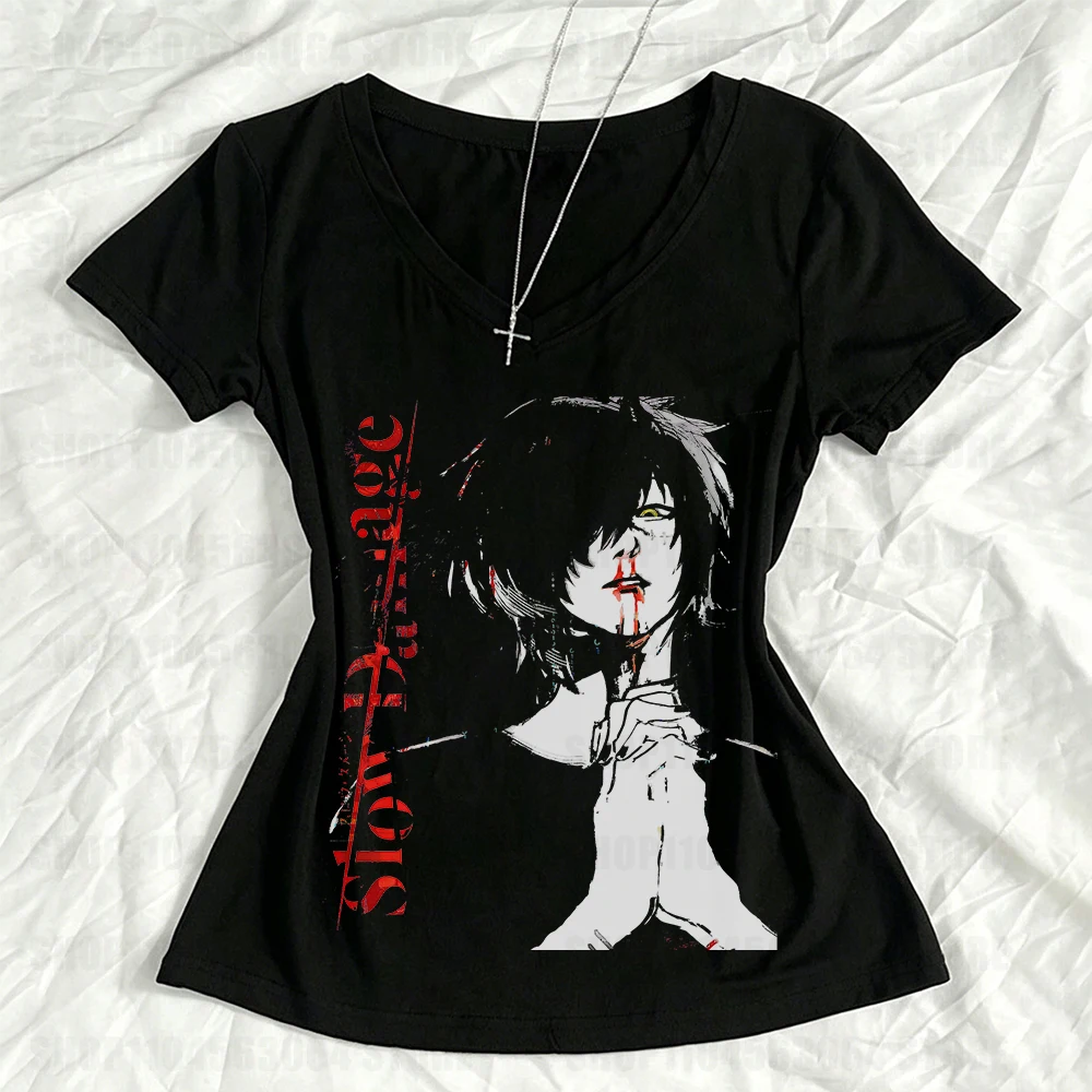 Image of Vintage-Kleidung, Kleidung im gotischen Ästhetik-Stil, Gothic Emo Anime Girl Harajuku Y2k Damen-T-Shirt, 2000er-T-Shirt Y2k Top 90er