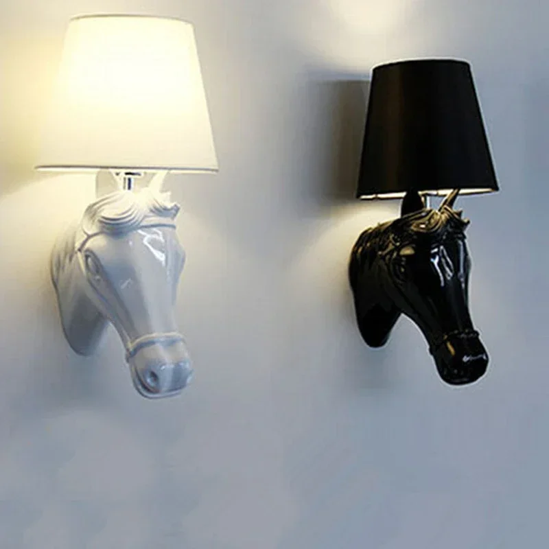 

Modern wall lamps Resin gypsum horse head cloth lampshade Creative wall sconce lighting bedroom study room cafe light fixture