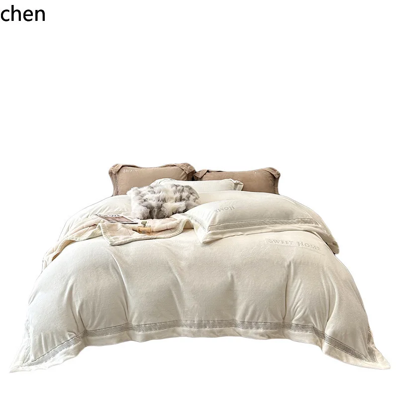 YFY Luxury High-End Winter Milk Velvet Four-Piece Set, Thickened and Warm Double-Sided Coral Velvet Duvet Cover Bedding