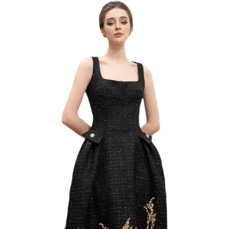 Vestido negro de capa pequeña fragante, elegante vestido negro, traje de clase alta, falda de primavera