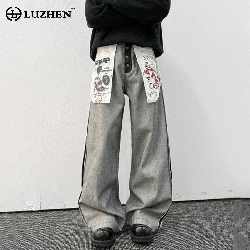 

LUZHEN персонализированные лоскутные карманы с принтом, дизайн, свободные цветные контрастные широкие повседневные джинсы, мужские повседневные джинсы, новинка 2025 года, JY4130