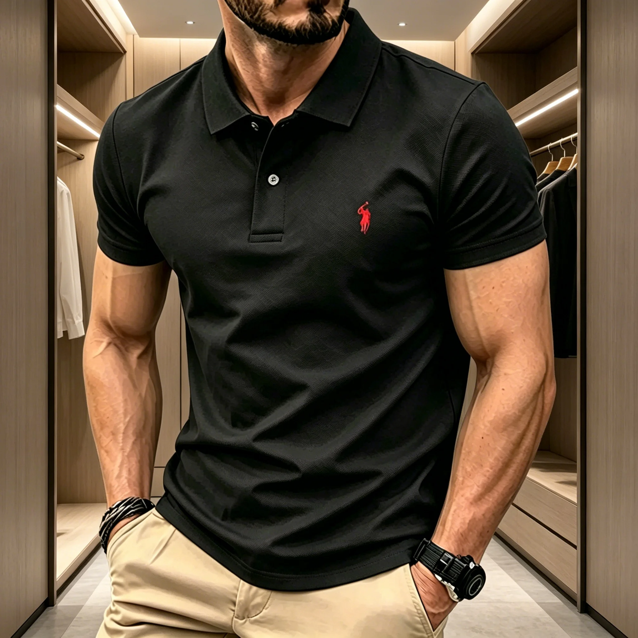 Men Breathable Fabric Solid Color Lapel Polo Shirt Short Sleeve Business Casual Tops With Mini Rider Figure Embroidery On Chest