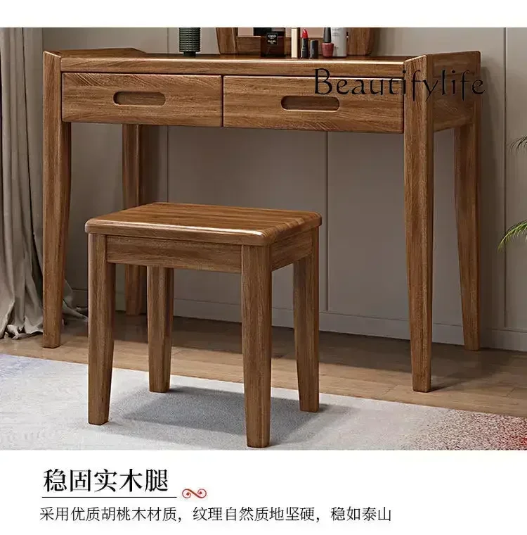 BJ A Decoración 2 أدراج الجوز خشب متين ماكياج الغرور الجدول مجموعة خلع الملابس مرآة بسيطة البراز درج منضدة الزينة غرفة نوم #5