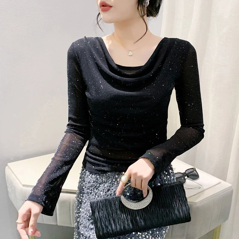 

Black,Korean,Style,T-shirt,Chic,Sexy,Heaps collar,Shiny,Mesh,Sequin,Women,Tops,Long Sleeve,Bottoming Shirt,Tees,2025,New,4121403