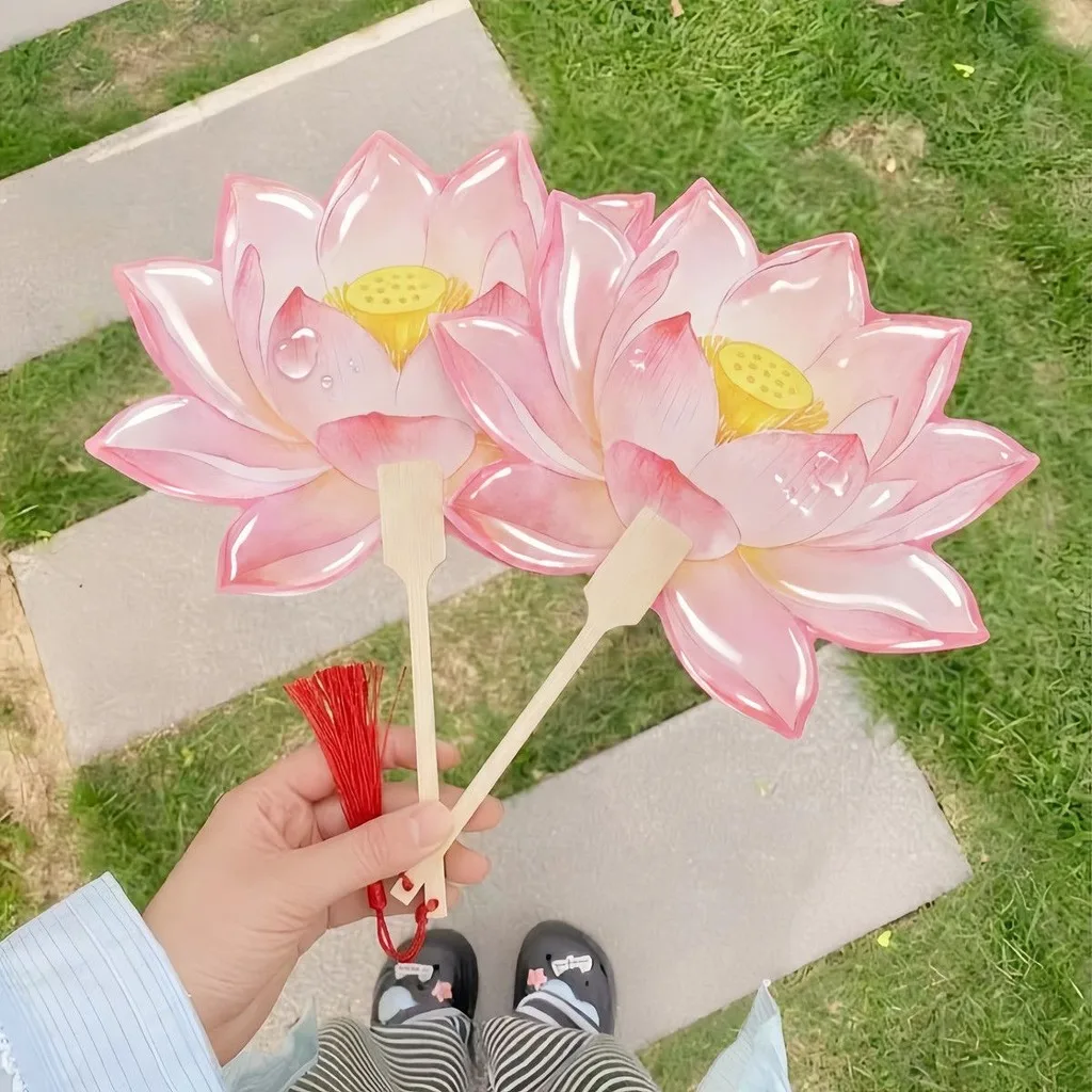 Summer Cooling Fan Handcrafted Vintage Handheld Lotus Fan Bamboo Handle Flower Fan Pink For Gift For Festivals Home Decoration view 5