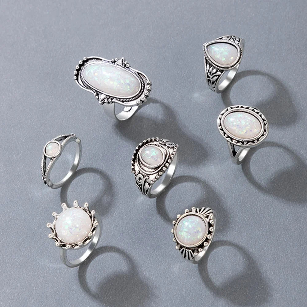 Vintage Rings Silver Color Carved Stone Bohemian Jewels For wmen and men ring set image 3