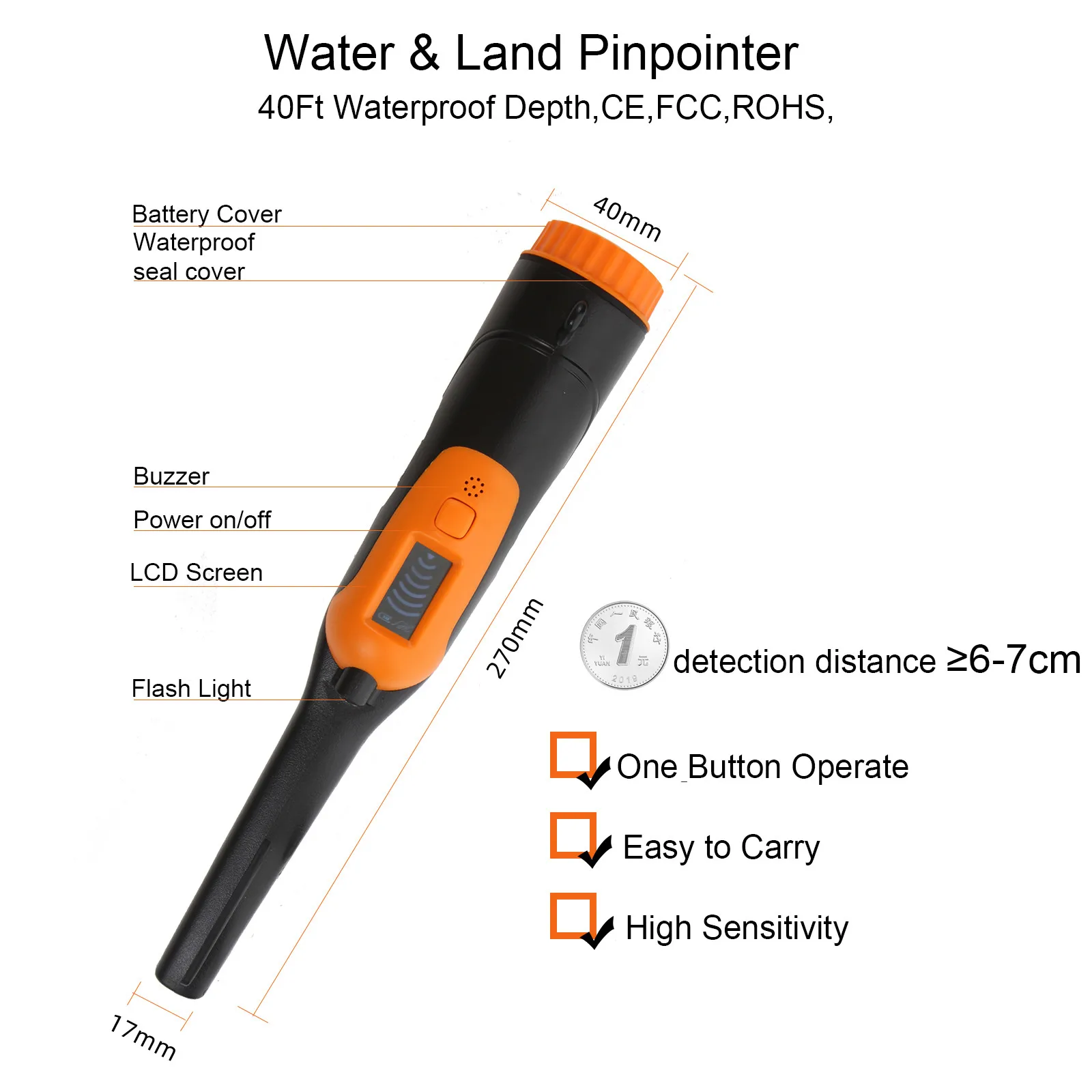 Brand New Pin Pointing LCD HandHeld Gold Finder Waterproof Metal Detector Treasure Hunter Pinpointer for Adults and Kids