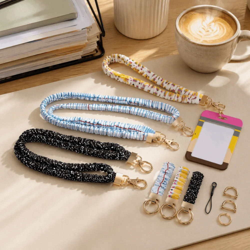 1 Set Safety Breakaway Buckle ID Badge Lanyard Stretchy Scrunchie Style Waterproof ID Card Holders Elastic Key Lanyard