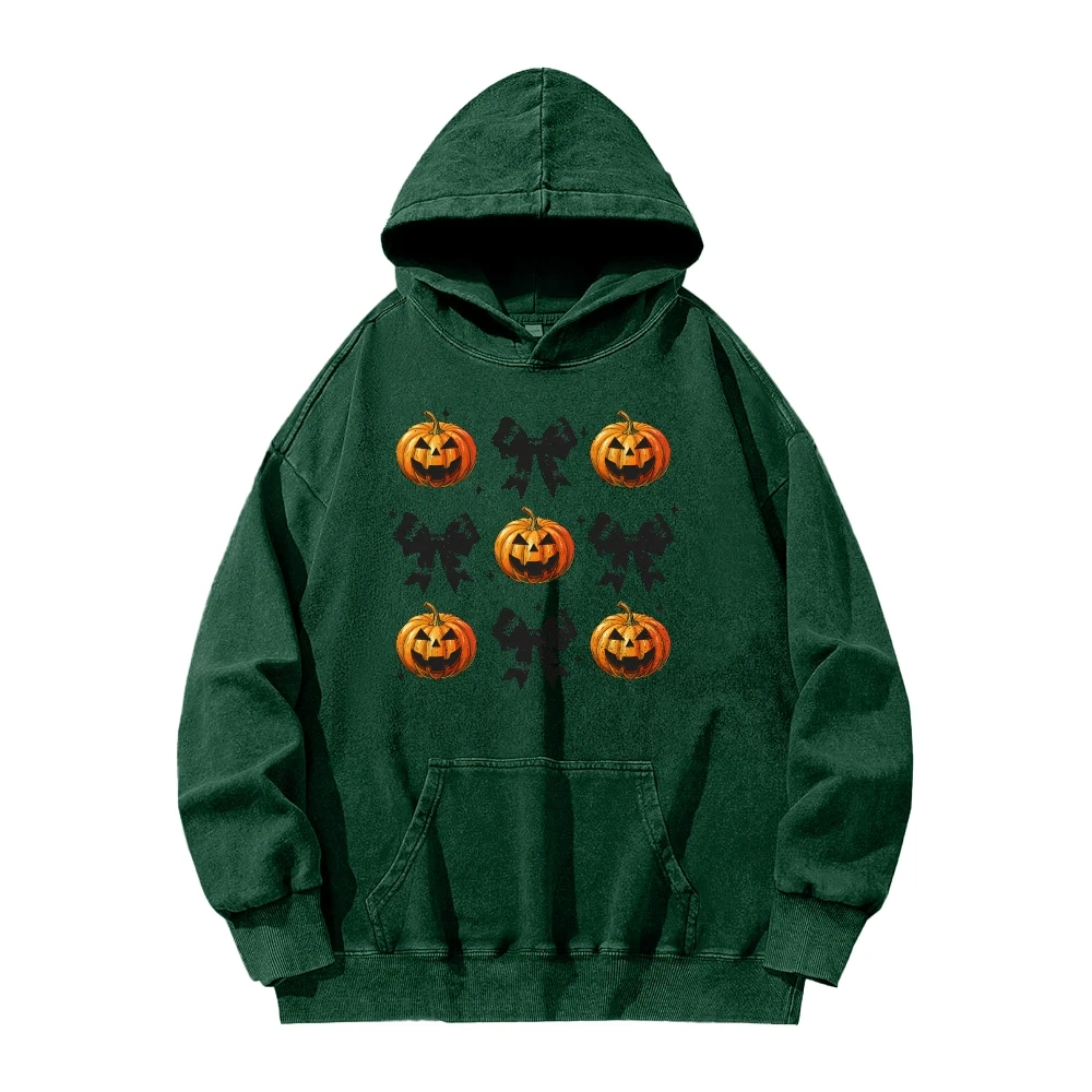 Halloween Black Bow Pumpkin Face Washed Hoodie Trendy Gothic Halloween Autumn Winter Spooky Season Sweatshirt Costumes Pullovers