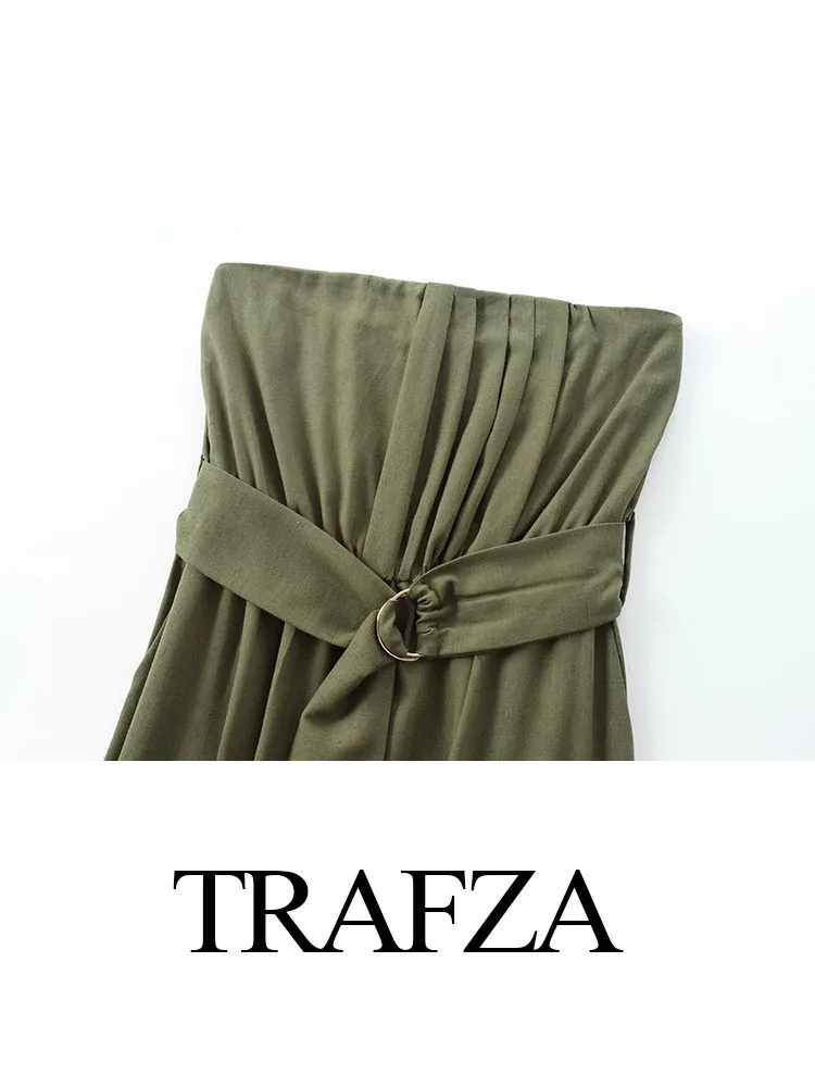 TRAFZA-mono verde militar sin mangas para mujer, pantalón largo ajustado con Espalda descubierta, bolsillos y cinturón, ropa de calle plisada, novedad de 2024