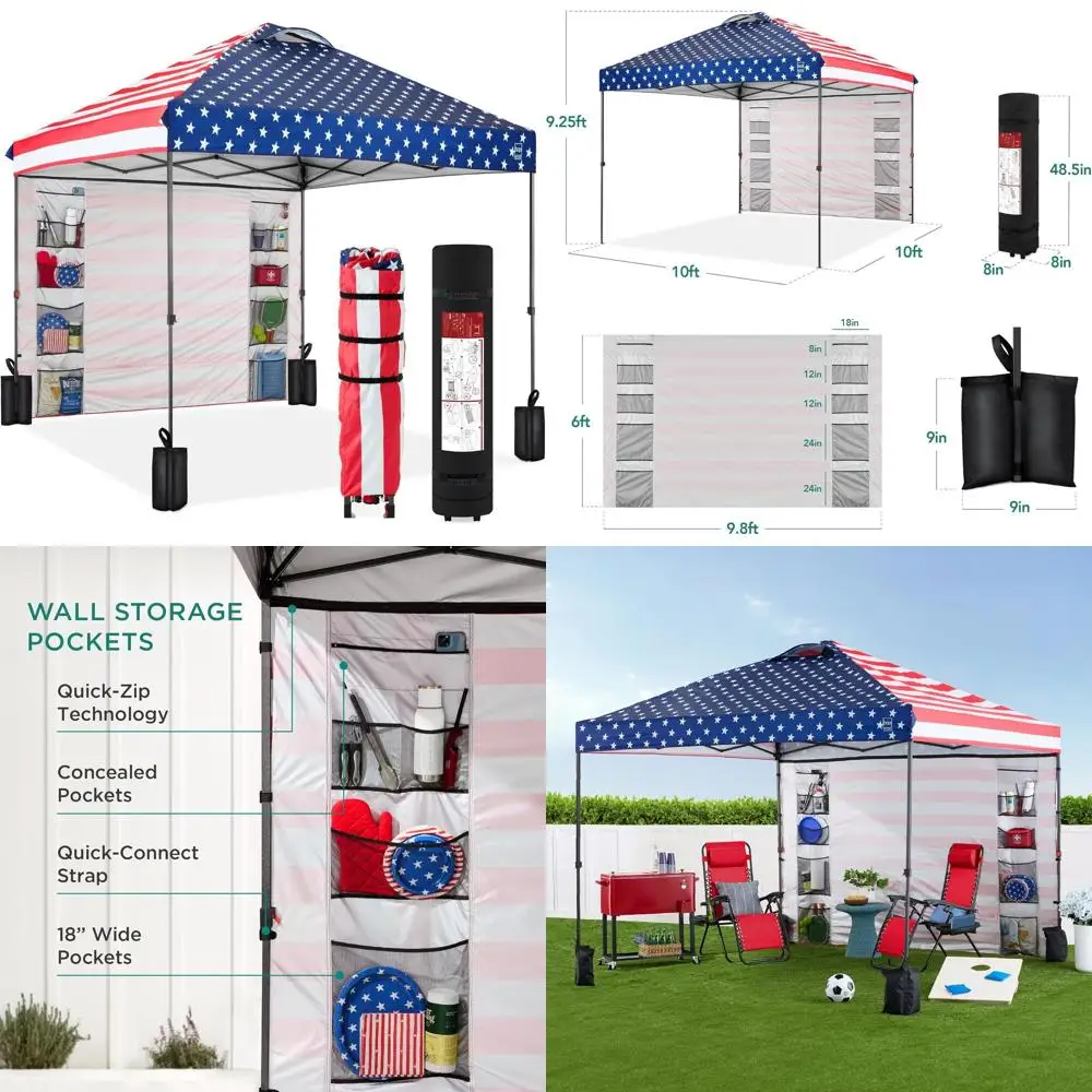 

Быстросборный тент-шатер 10x10 футов с боковой панелью, 10 карманами, компактной сумкой для переноски, простой сборкой в 1-кнопочную операцию, 4 сумками для крепления - Pat