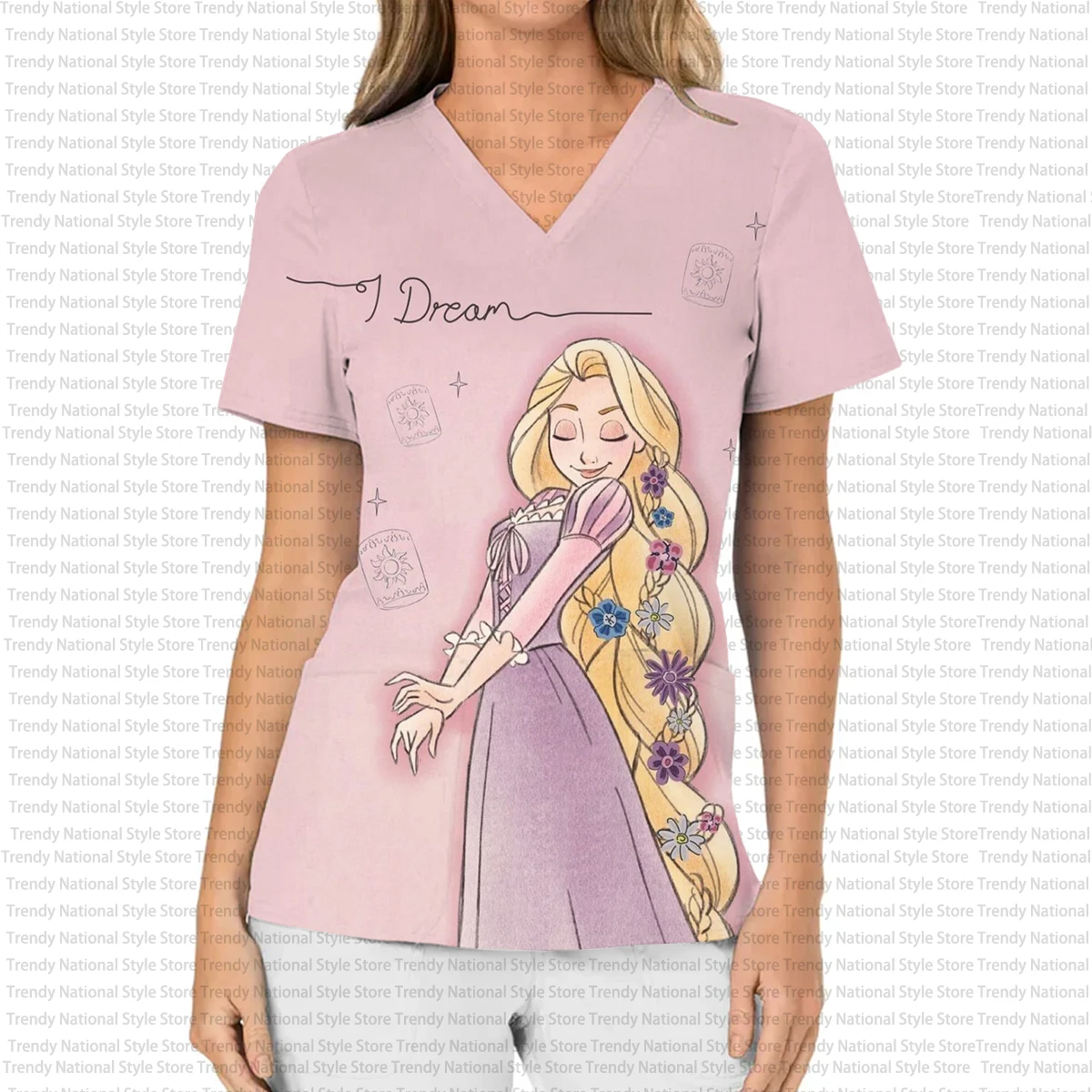 Neues Enchanted Story Rapunzel Cartoon Print V-Ausschnitt Pocket Frosted Top, medizinische Damen-Krankenschwester-Arbeitsuniform, Schönheitssalon-T-Shirt