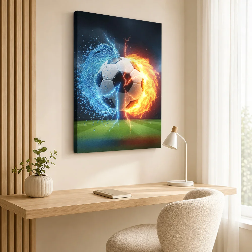 Soccer Ball Fire And Water Canvas Poster Modern Style Canvas Wall Art With Customized Photo For Home Gym Ideal Supporter Gift