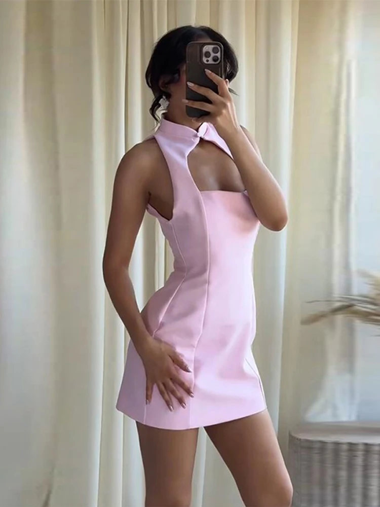 Plissiertes, ausgeschnittenes, tailliertes Minikleid für Damen – sexy, ärmellos, mit Einzelknopf und Reißverschluss, schmal geschnitten, charmantes Partykleid, neu – Detail 3