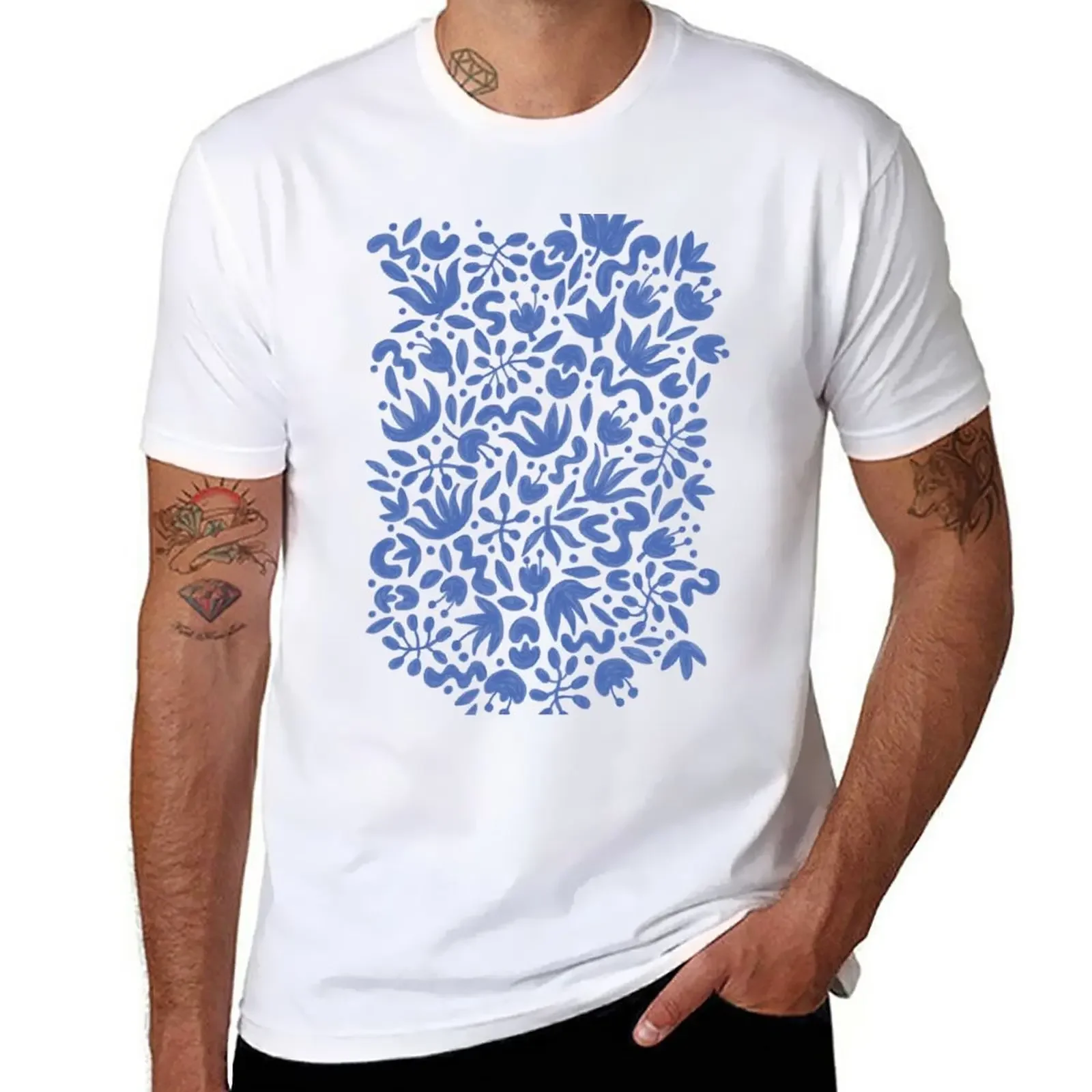 Delft Blue Florals | Hand Painted Pattern No.2 T-Shirt new edition vintage clothes clothes for men