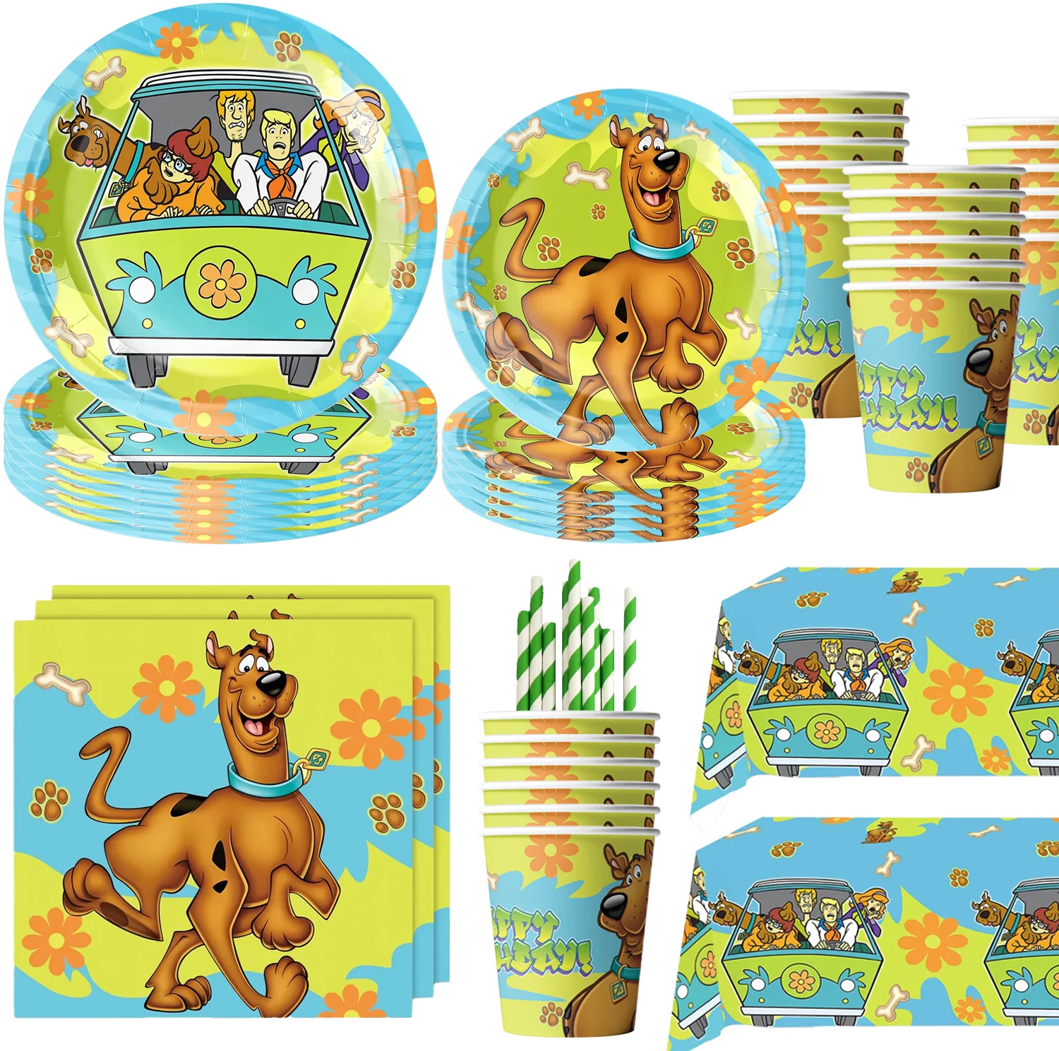 Décoration de fête d'anniversaire pour chien mignon, vaisselle jetable Scooby, nappe, assiettes, gobelets, fournitures pour fête prénatale et cadeaux pour enfants