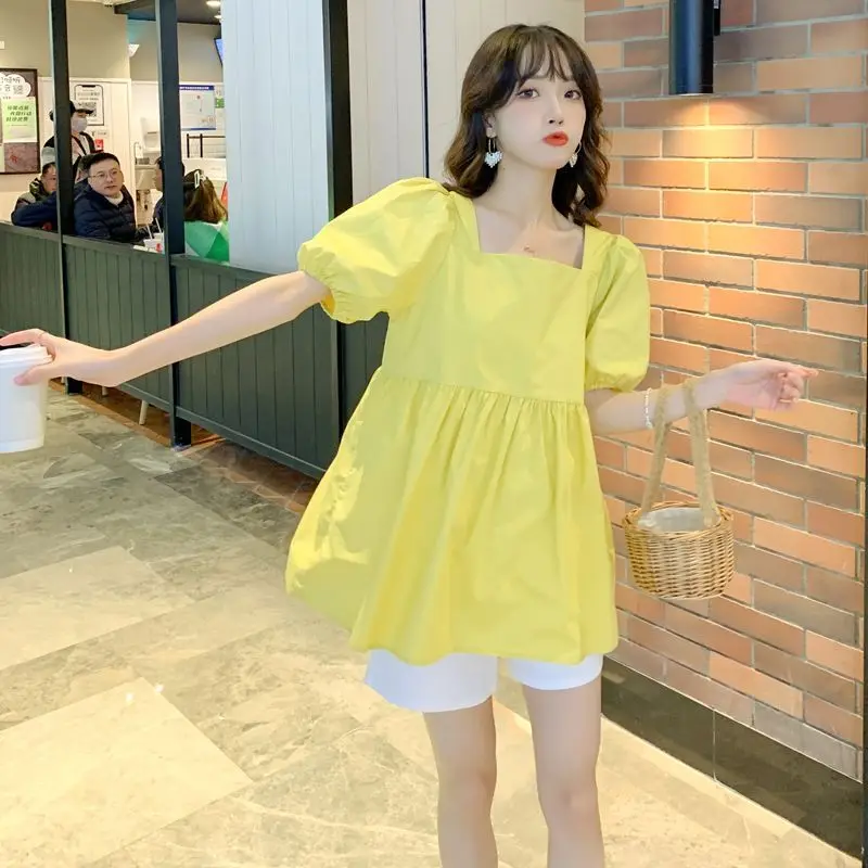 

Korean Pleated Loose Simplicity Shirt Tops Summer New Women Clothing Short Sleeve All-match Solid Sweet Blouse Fashion Casual
