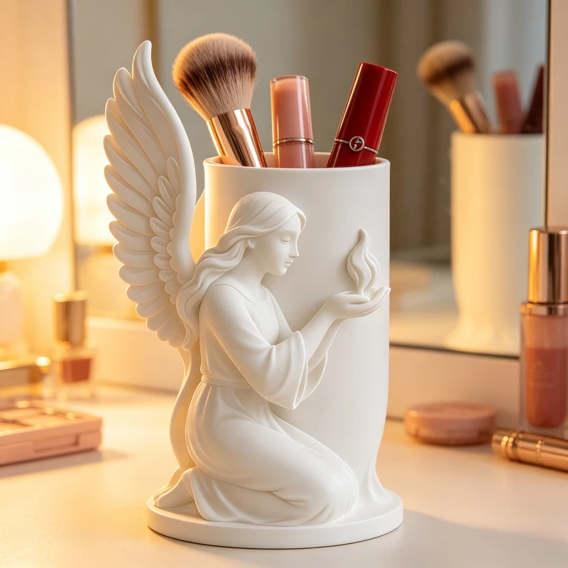 

3D Angel Girl Relief Pen Holder, Desktop Art Decor, Stationery Organizer, Makeup Brush Storage, Creative Desk Ornament for Study