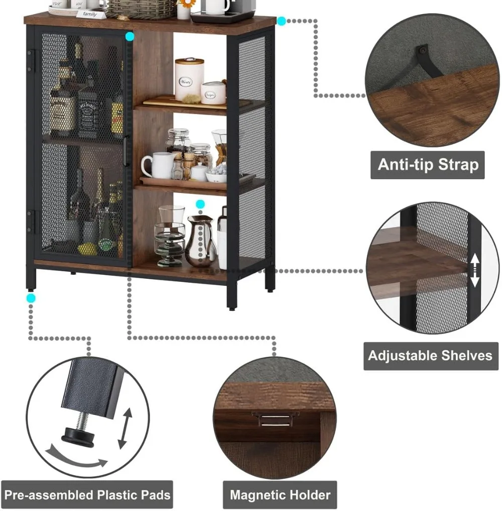 Armoire de café-bar pour la maison, armoire française ou pour la cuisine et l'entrée, buffet de planche avec étagères réglables, chêne rustique