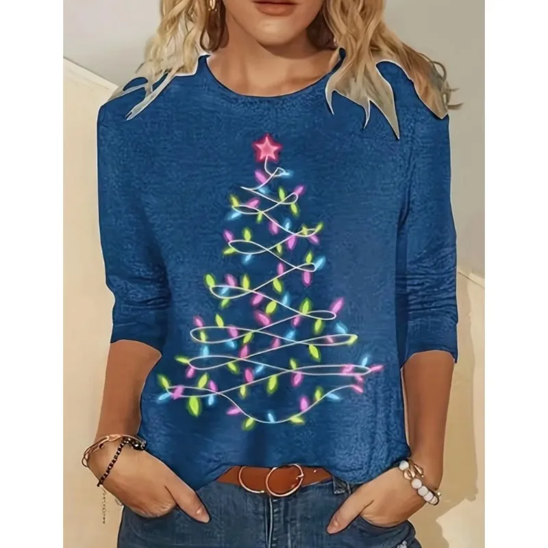 New women\'s long sleeved top T-shirt with Christmas tree print pattern fashionable and elegant styleround neck T-shirt for women