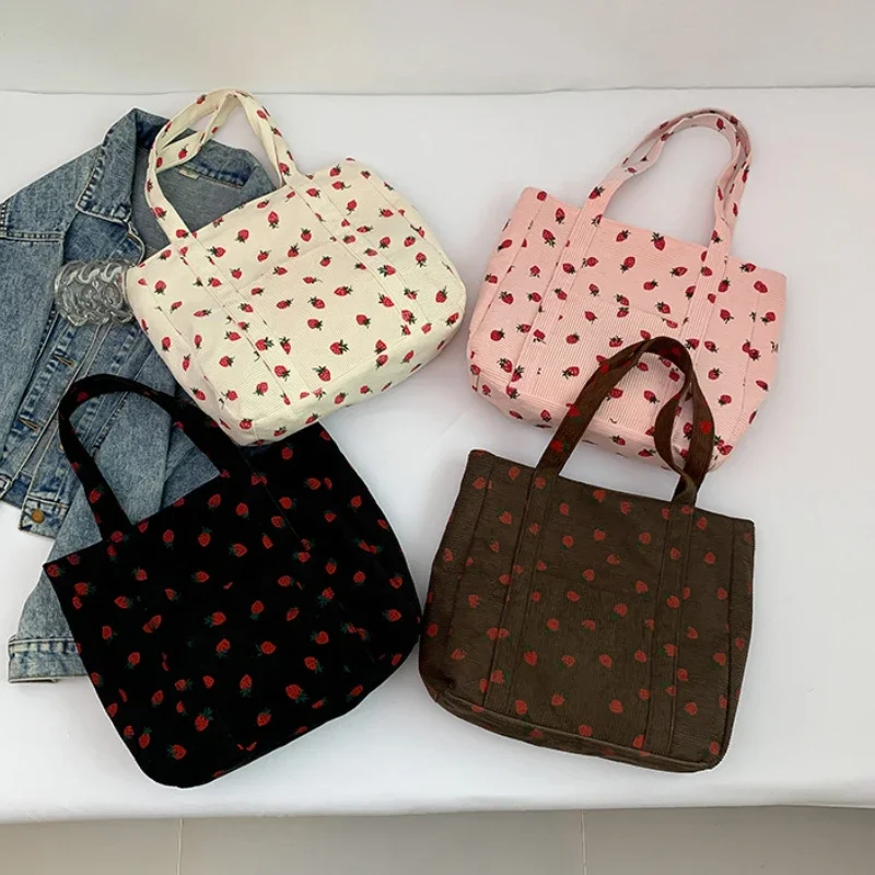 Corduroy Handbag Strawberries Beach Bag Fashionable Versatile Shoulder Bag LargeCapacity Simple Commuter Women's Tote Bag Bolsos