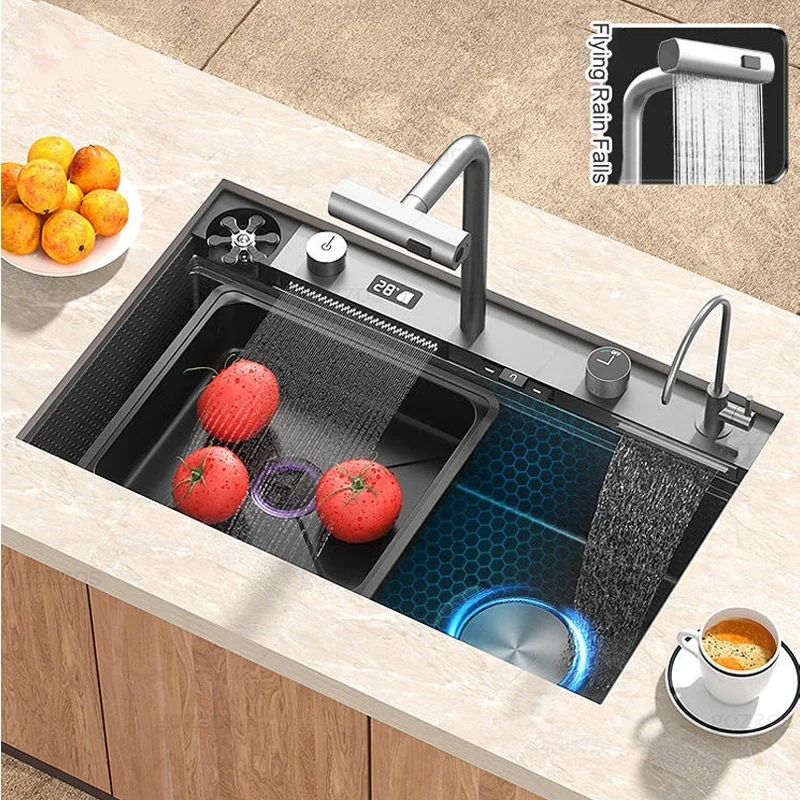 

Waterfall Digital Display Pull Out Kitchen Single Sink Right Side Under mount Cup Washer Stainless Steel Side Outlet Piano Keys