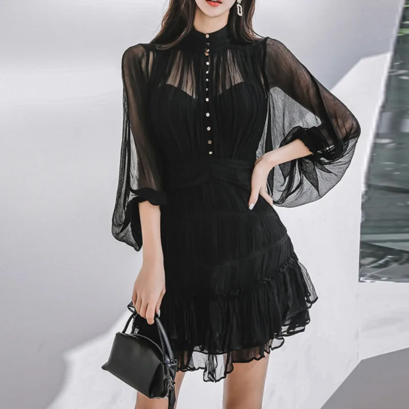 

Chic Black Women Dress Bodycon Lantern Sleeve Tiered Ruffles Korean Elegant Vestidos Business Streetwear Clothing Lady