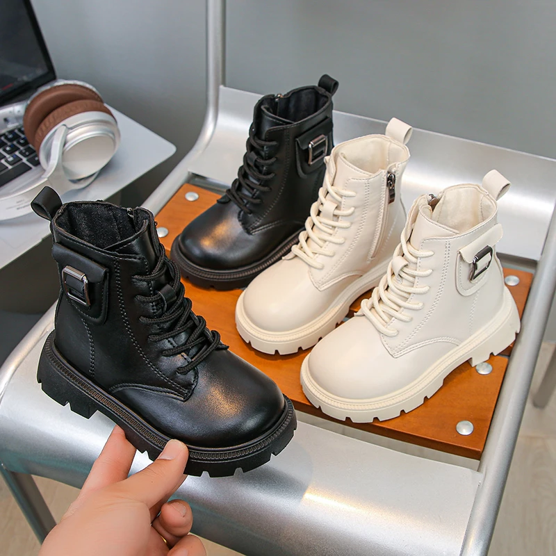 

Kids Ankle Boots Soild Color Fashion Children Short Boots Round Toes Soft 2025 Autumn New Girls Leather Boots with Side Zipper