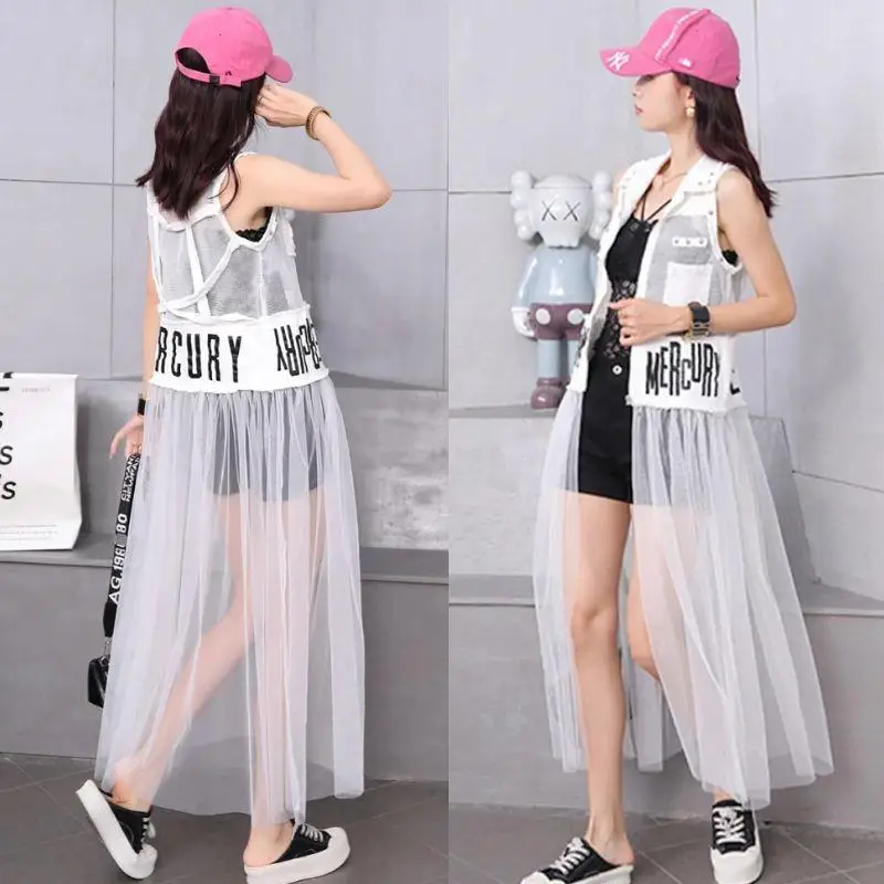 Summer Girls Long Mesh Spliced Denim Vest Spring Summer Mid Length Gauze Waistcoat Stitching Sleeveless Jeans Jacket Tanks Tops