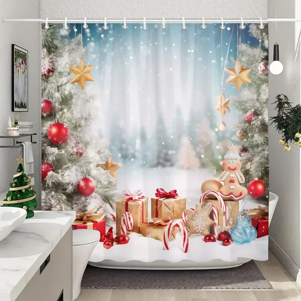 White Snowman Christmas Shower Curtains Christmas Gift Blue Forest Deer Rustic Cottage Washable Home Bath Curtain Bathroom Decor