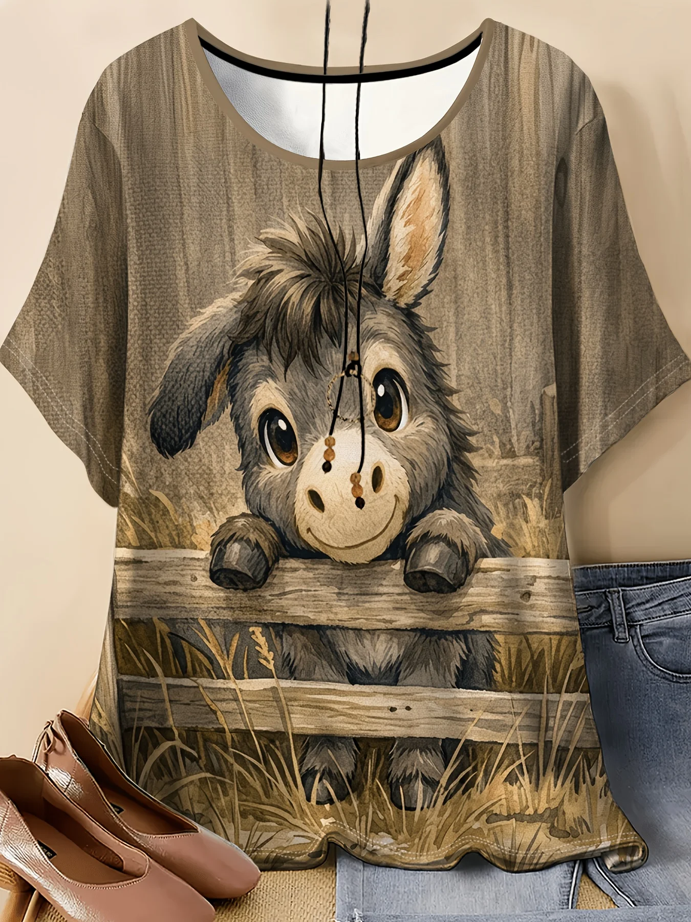 Women Crew Neck Short Sleeve T-shirt Cute Donkey Fence Grass Farm Animal Print Vintage Wood Grain Casual Summer Top