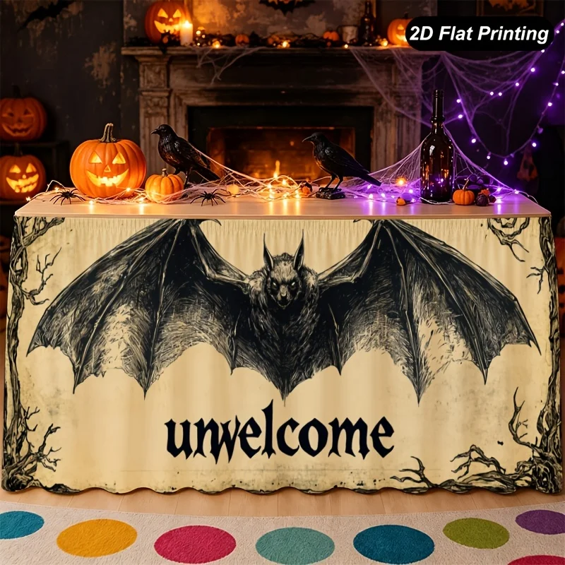1pc Halloween table skirt, Gothic-style ink bat and thorn border artistic pattern, suitable for Halloween autumn partiesxzj