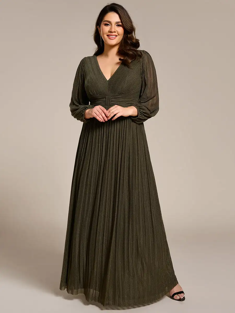 

Plus size Evening Dresses V-neck long sleeve High Waist Floor length 2025 Ever Pretty of Olive Green Bridesmaid dress