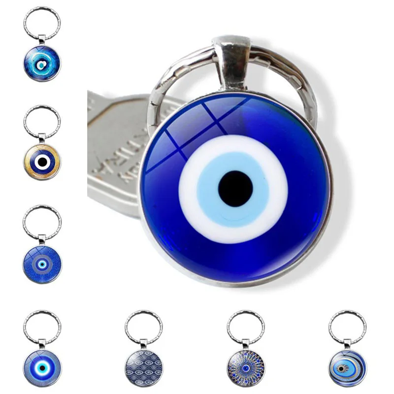 Beautiful Blue Evil Eye Religious Photo Round Glass Keychain Pendant Keyring Eyelash Big Evil Women Men  Jewelry Gift