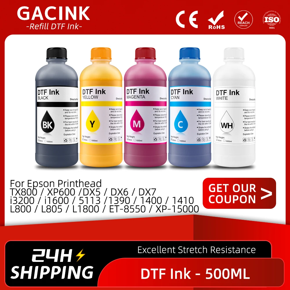 Tinta DTF 500ML para Impressão de Transferência em Camisetas para Epson L800 L1800 XP-15000 XP600 TX800 P600 P608 P800 DX5 DX7 i3200 4720 i1600
