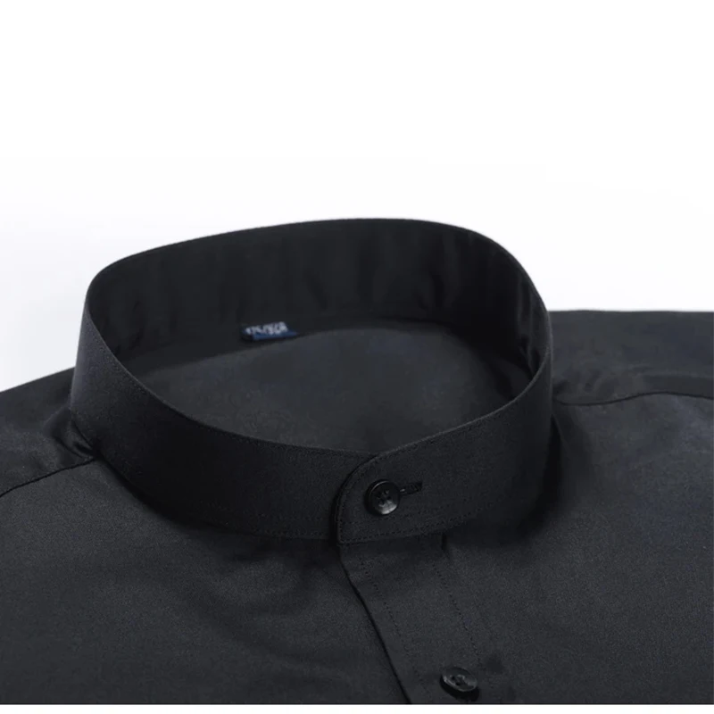 Men's Long Sleeve Mao-collar (Mandarin Collar) Shirt Single Patch Pocket Smart Casual Regular-fit Business Office Dress Shirts