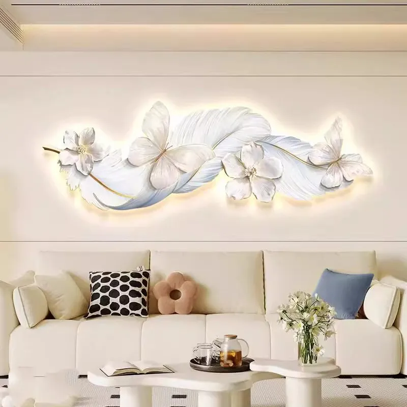 Cream style light luxury living room decoration painting feather sofa background wall hanging painting high-end luminous light p