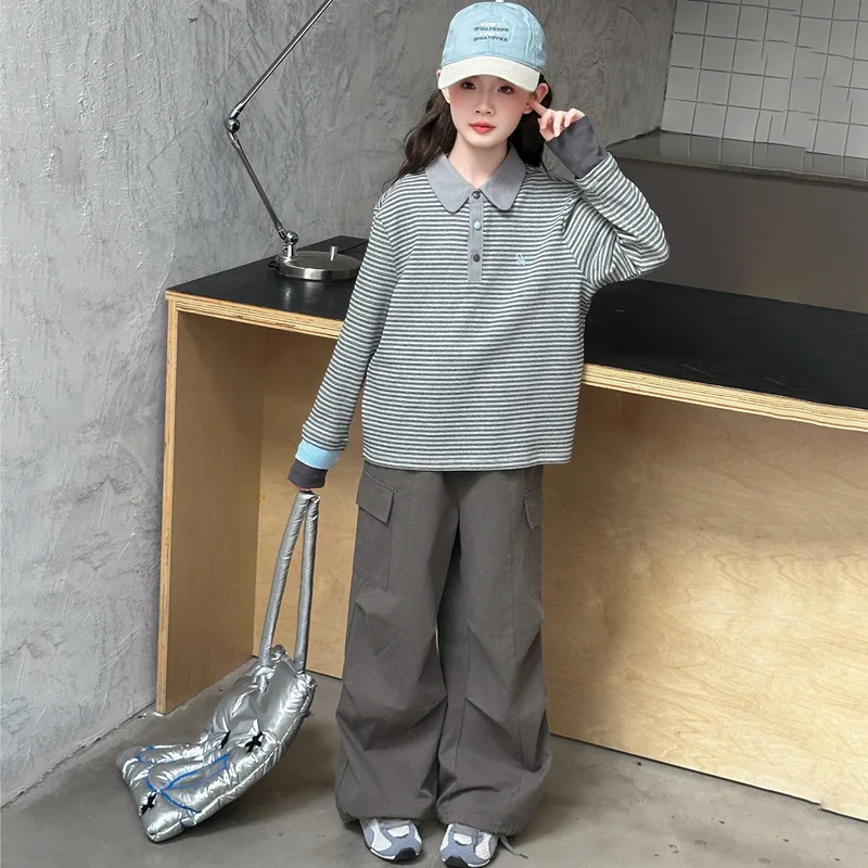 

Kids Girls Autumn 2pcs Outfit Junior Girls Striped Turn Down Collar Polo T-shirt Children Girls Cargo Pant Teenager Girls Sets